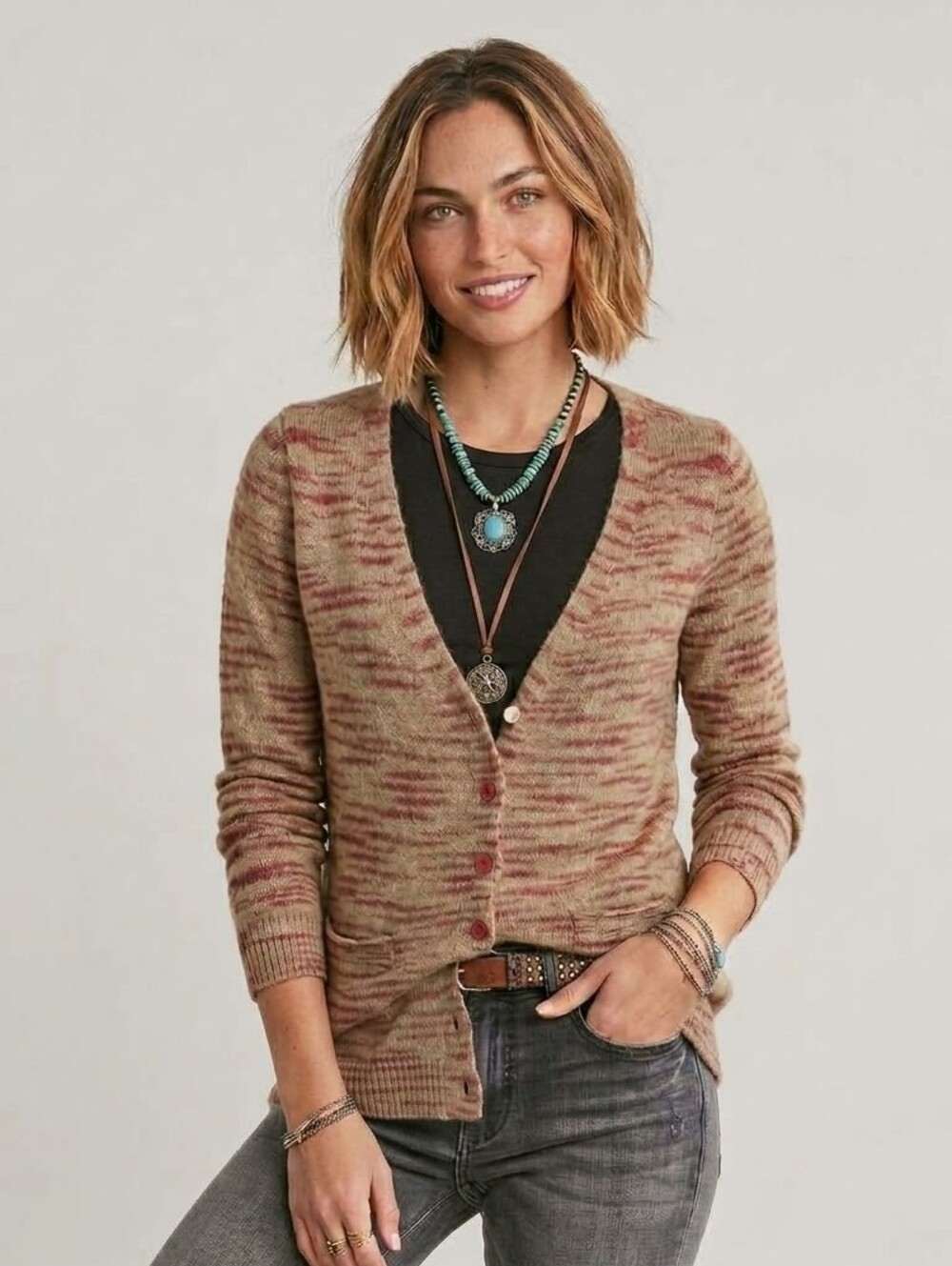 Free People Beach Tiger Stripe Beige Red Mohair Cardigan - Small